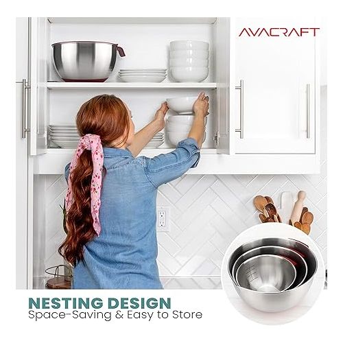  AVACRAFT 18/10 Stainless Steel Mixing Bowls with Lids, non slip silicone base bowls with Handle, Mixing Bowl Set with Pour Spouts & Measurement Marks, Home Essentials Cooking Bowls, (Red)