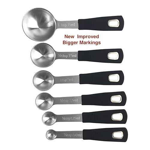  AVACRAFT Stainless Steel Measuring Cups and Spoons Set with Ergonomic Soft Grip Silicone Handle and Easy Pour Spout, Perfect for Dry and Liquid Ingredients, Set of 11, Black