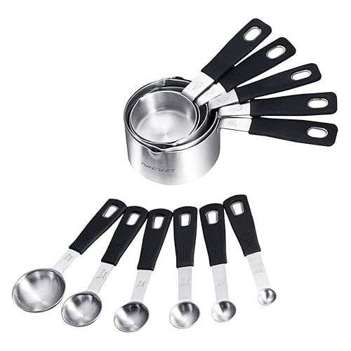  AVACRAFT Stainless Steel Measuring Cups and Spoons Set with Ergonomic Soft Grip Silicone Handle and Easy Pour Spout, Perfect for Dry and Liquid Ingredients, Set of 11, Black