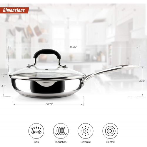  AVACRAFT 18/10 10 Inch Stainless Steel Frying Pan with Lid, Side Spouts, Induction Pan, Versatile Stainless Steel Skillet, Fry Pan in our Pots and Pans, Cooking Pan(Stainless Steel