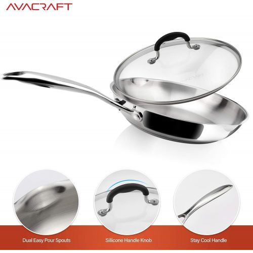  AVACRAFT 18/10 10 Inch Stainless Steel Frying Pan with Lid, Side Spouts, Induction Pan, Versatile Stainless Steel Skillet, Fry Pan in our Pots and Pans, Cooking Pan(Stainless Steel