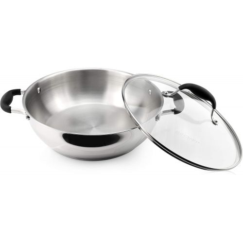  AVACRAFT 18/10 Stainless Steel Everyday Pan, Stir Fry Pan with Five-Ply Base, Chef’s Pan with Glass Lid, Multipurpose Stewpot Skillet, Saute Pan, Casserole in Pots and Pans (11 Inc