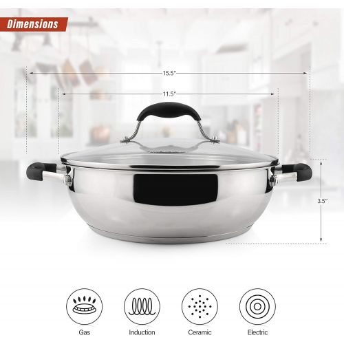  AVACRAFT 18/10 Stainless Steel Everyday Pan, Stir Fry Pan with Five-Ply Base, Chef’s Pan with Glass Lid, Multipurpose Stewpot Skillet, Saute Pan, Casserole in Pots and Pans (11 Inc