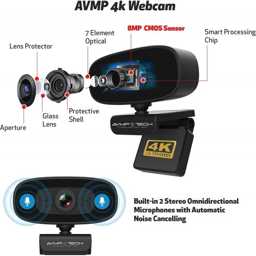  AVMP 4K Webcam with Light Ultra HD 8MP Autofocus USB Web Cam with Microphone for Desktop Computer PC Streaming Camera + Tripod + USBC + Privacy Cover