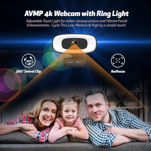  AVMP 4K Webcam with Light Ultra HD 8MP Autofocus USB Web Cam with Microphone for Desktop Computer PC Streaming Camera + Tripod + USBC + Privacy Cover