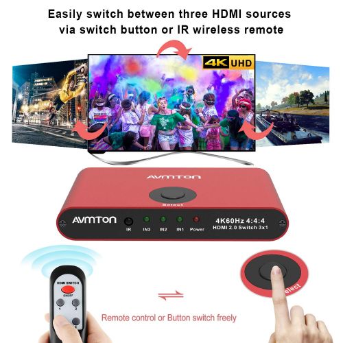  [아마존베스트]AVMTON 4K HDMI 2.0 Switch 3 Port,HDMI Switcher Splitter 3 in 1 Out,Aluminum Red HDMI Selector Box with Remote Supports 4K@60Hz Ultra HD3D 2160P 1080P for DVD,PS3/4 TV/X Box Fire St