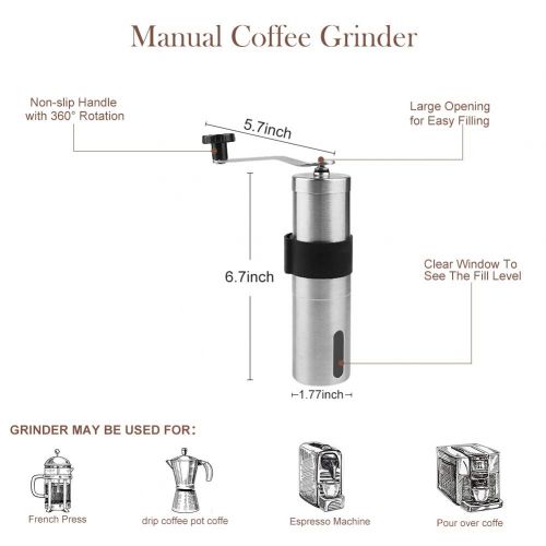  AVNICUD Manual Coffee Grinder, Ceramic Burr Coffee Grinder with Adjustable Setting, Portable Brushed Stainless Steel Coffee Bean Grinder for Travel,Hand Crank Conical Burr Mill for