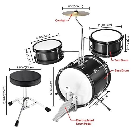  AW 3pcs Junior Kid Children Drum Set Kit Sticks Throne Cymbal Bass Snare Seat Black