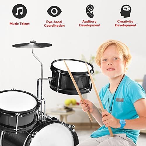  AW 3pcs Junior Kid Children Drum Set Kit Sticks Throne Cymbal Bass Snare Seat Black