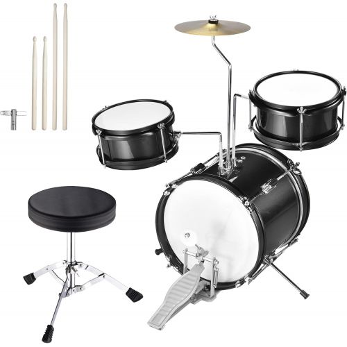  AW 3pcs Junior Kid Children Drum Set Kit Sticks Throne Cymbal Bass Snare Seat Black