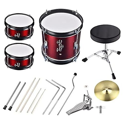  AW 3pcs Junior Kids Child Drum Set Kit Sticks Throne Cymbal Bass Snare Boy Girl Red