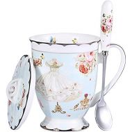 [아마존베스트]AWHOME Tea Cup and Lid and Spoon Set Royal Fine Bone China Coffee Mug 330ml Light Blue TeaCups