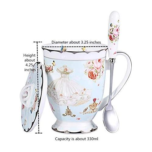  [아마존베스트]AWHOME Tea Cup and Lid and Spoon Set Royal Fine Bone China Coffee Mug 330ml Light Blue TeaCups