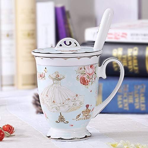  [아마존베스트]AWHOME Tea Cup and Lid and Spoon Set Royal Fine Bone China Coffee Mug 330ml Light Blue TeaCups