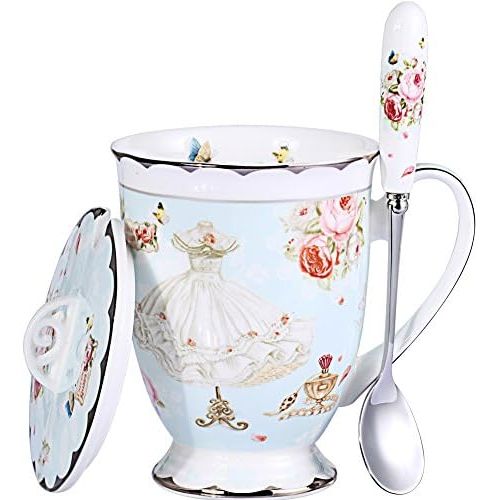  [아마존베스트]AWHOME Tea Cup and Lid and Spoon Set Royal Fine Bone China Coffee Mug 330ml Light Blue TeaCups