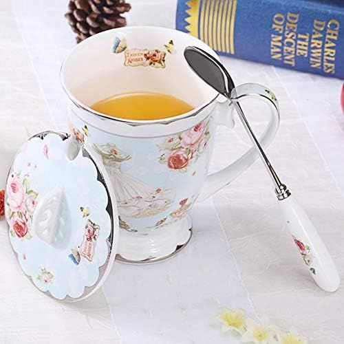  [아마존베스트]AWHOME Tea Cup and Lid and Spoon Set Royal Fine Bone China Coffee Mug 330ml Light Blue TeaCups