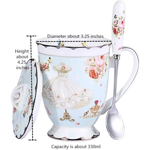  [아마존베스트]AWHOME Tea Cup and Lid and Spoon Set Royal Fine Bone China Coffee Mug 330ml Light Blue TeaCups