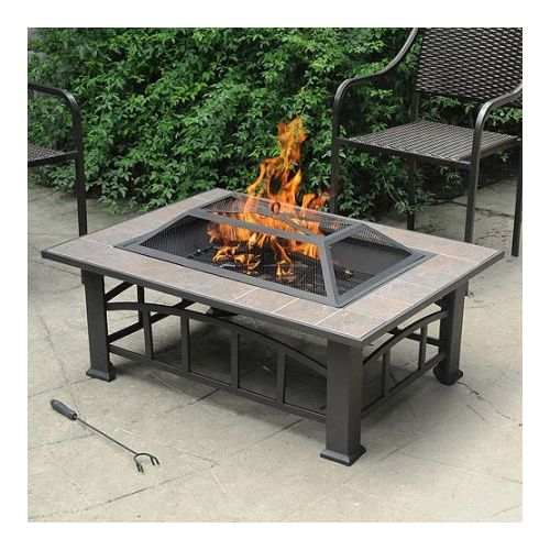  AXXONN Elegant Rectangular Tile Top Fire Pit a Curved Ladder Frame, Brownish Bronze