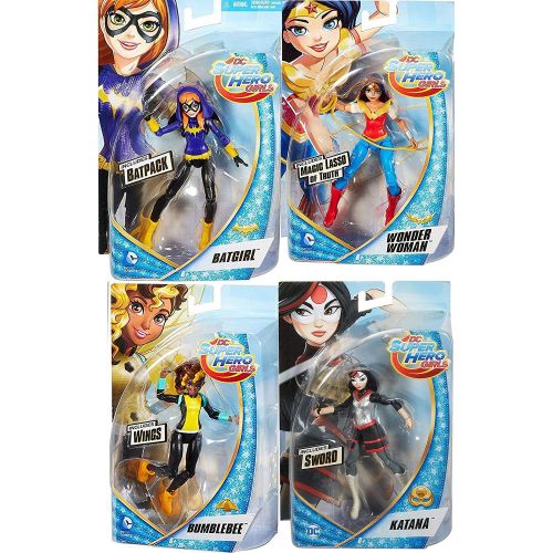  AYB Products Girls Super Action Figures DC Hero Wonder Woman + Katana with Sword & Bumblebee with Wings + Batgirl Super Hero Fun Se 4 Pack bundle