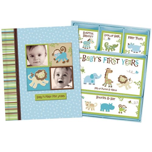  [아마존베스트]Baby Boy Memory Book Hardcover Record Babys First Five Years Diary Precious Moments Milestone Storage Box Keepsake Scrapbook Journal Photo Album Blue Monkey Animals Art by Jenny an