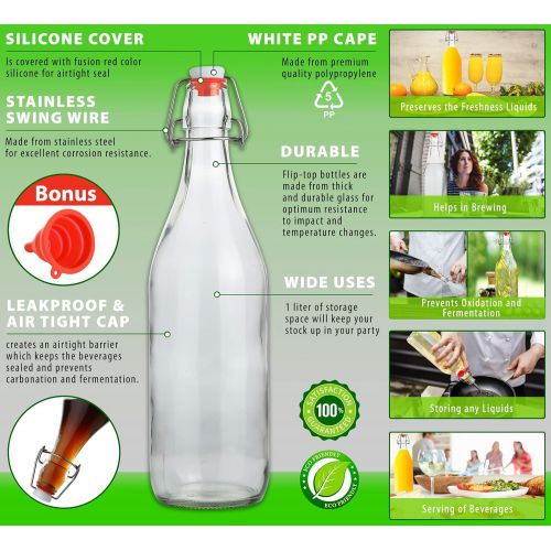  AYL Flip Top Glass Bottle [1 Liter / 33 fl. oz.] [Pack of 6]  Swing Top Brewing Bottle with Stopper for Beverages, Oil, Vinegar, Kombucha, Beer, Water, Soda, Kefir  Airtight Lid & Le