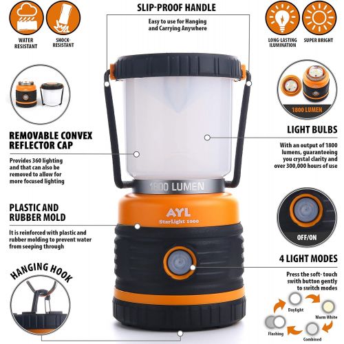  AYL LED Camping Lantern Rechargeable, 1800LM, 4 Light Modes, 4400mAh Power Bank, IP44 Waterproof, Perfect Lantern Flashlight for Hurricane, Emergency, Power Outages, Home and More, USB