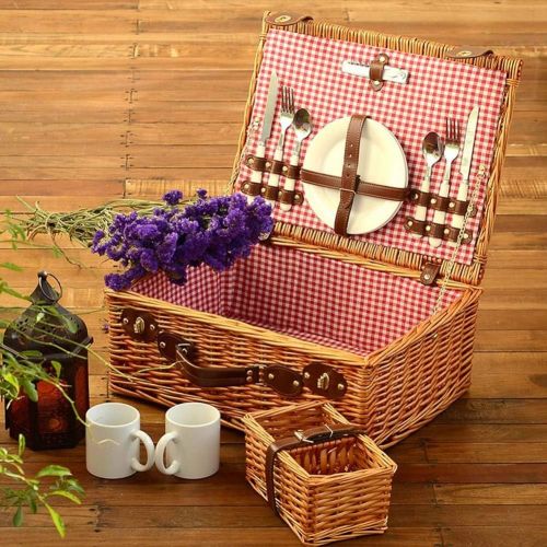  AYXN Wicker Picnic Basket for 4 Persons Set with Large Insulated Compartment and Portable Picnic Blanket for Family Camping, Gift