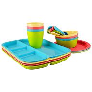 AZ-Home Childrens 24 piece colorful plastic Dinnerware set includes 4 Divided Tray, 4 Plates, 4 Bowl, 4 Spoon, 4 Fork, 4 Tumbler thats BPA free good for Baby and Toddler and its Dishwasher