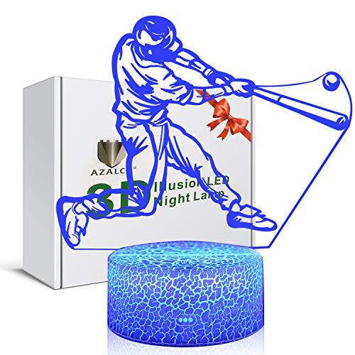  3D Illusion Playing Baseball Night Light Lamp 16 Color Change Touch White Crack Base AZALCO Birthday Gift with Remote Control