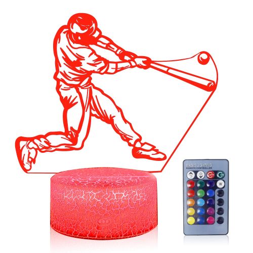  3D Illusion Playing Baseball Night Light Lamp 16 Color Change Touch White Crack Base AZALCO Birthday Gift with Remote Control