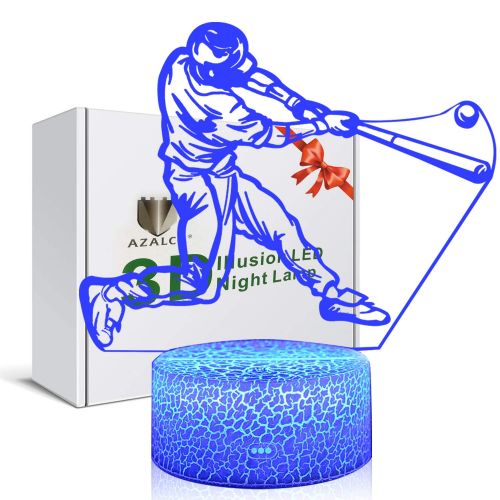  3D Illusion Playing Baseball Night Light Lamp 16 Color Change Touch White Crack Base AZALCO Birthday Gift with Remote Control