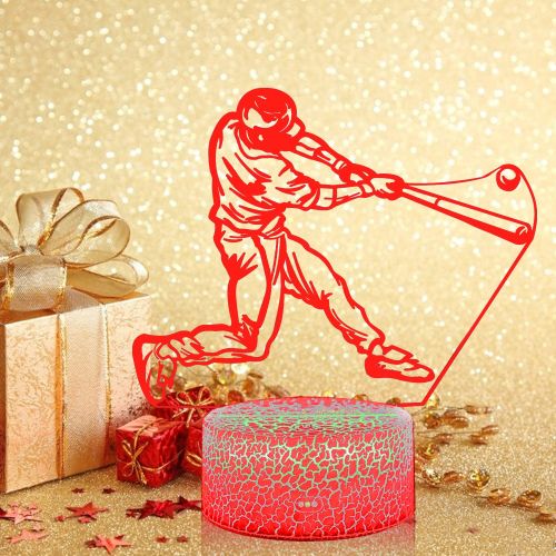  3D Illusion Playing Baseball Night Light Lamp 16 Color Change Touch White Crack Base AZALCO Birthday Gift with Remote Control