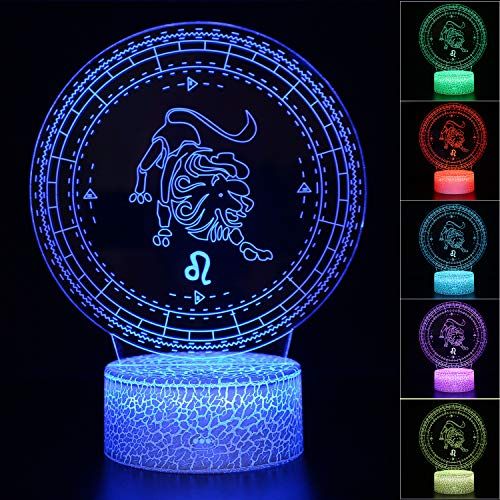  [아마존베스트]3D Illusion Leo The Lion Zodiac Sign Horoscope Night Light Lamp 7 Color Change Touch White Crack Base AZALCO Birthday Present