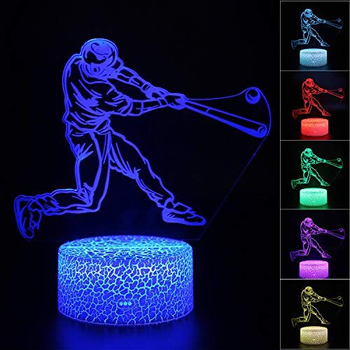  [아마존베스트]3D Illusion Playing Baseball Night Light Lamp 7 Color Change Touch White Crack Base AZALCO Birthday Gift