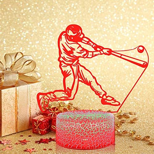  [아마존베스트]3D Illusion Playing Baseball Night Light Lamp 7 Color Change Touch White Crack Base AZALCO Birthday Gift