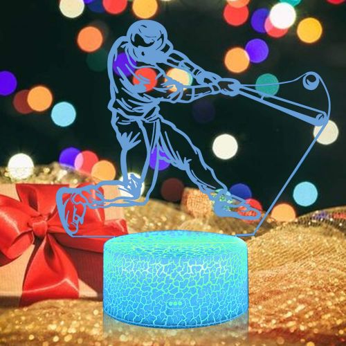  [아마존베스트]3D Illusion Playing Baseball Night Light Lamp 7 Color Change Touch White Crack Base AZALCO Birthday Gift
