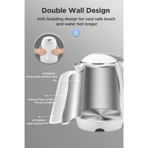  AZEUS Electric Kettle 1500W Cool Touch Tea Kettle Anti-scalding Design 1.8L Large Capacity Double Wall Kettle Cordless Water Boiler with Auto Shut-Off and Boil-Dry Protection, BPA-