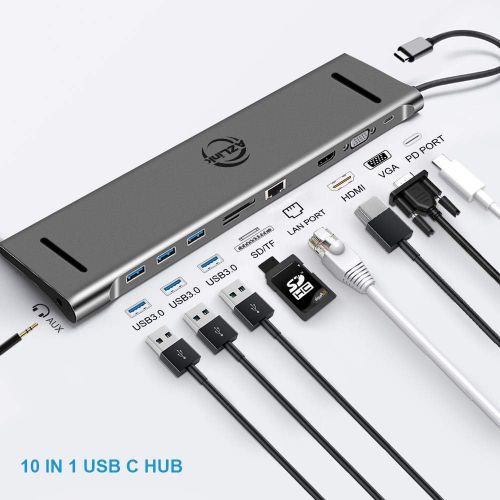  AZLink USB C Dock Adapter, 10 in 1 Multiport USB-C Hub to HDMI 4K, VGA, RJ45 Ethernet, 3 USB3.0, SD TF Card Reader, AudioMic, Type-C PD Charging for MacBook Pro, ChromeBook Pixel,
