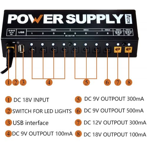  AZOR Guitar Pedal Board Power Supply with 10 Routes DC Output 9V/12V/18V