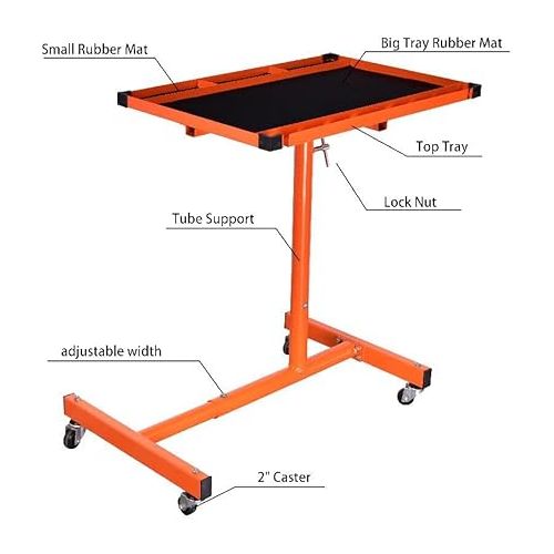  Aain® L018A Heavy-Duty Adjustable Work Table with Wheels, Mechanic Tray,Mobile Rolling Tool Table, Orange