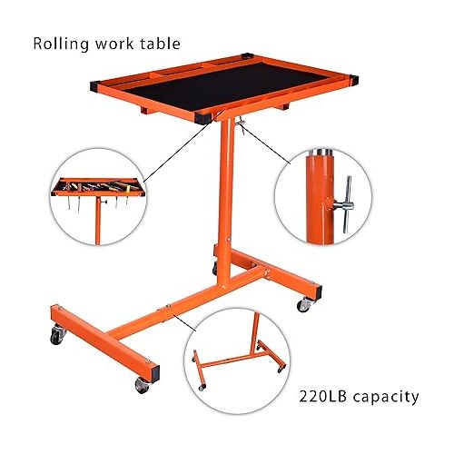  Aain® L018A Heavy-Duty Adjustable Work Table with Wheels, Mechanic Tray,Mobile Rolling Tool Table, Orange