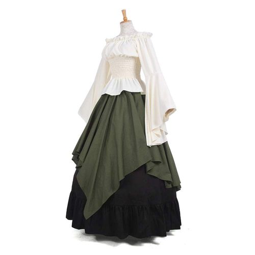  Abaowedding Womens Medieval Dress Retro Renaissance Costumes Irish Trumpet Sleeve Round Neck Peasant Long Gown