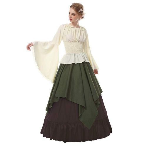  Abaowedding Womens Medieval Dress Retro Renaissance Costumes Irish Trumpet Sleeve Round Neck Peasant Long Gown