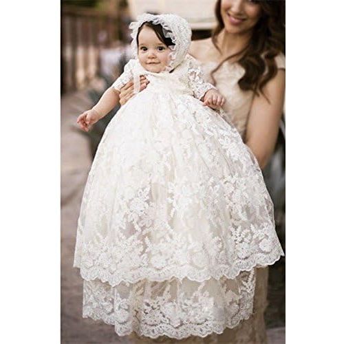  ABaowedding Baby Long Ivory Christening Gown Lace Baptism Dress with Bonnet