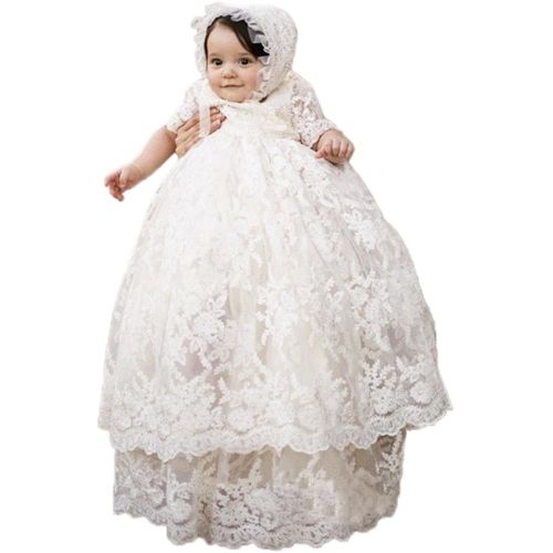  ABaowedding Baby Long Ivory Christening Gown Lace Baptism Dress with Bonnet