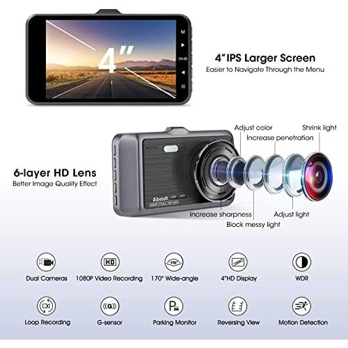  Abask Dashcam Car Front and Rear Car Camera with 32GB SD Card, 4 Inch Full HD 1080P, 170° Wide Angle, Night Vision, G Sensor, WDR, Loop Recording, Parking Monitoring and Motion Det