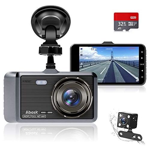  Abask Dashcam Car Front and Rear Car Camera with 32GB SD Card, 4 Inch Full HD 1080P, 170° Wide Angle, Night Vision, G Sensor, WDR, Loop Recording, Parking Monitoring and Motion Det