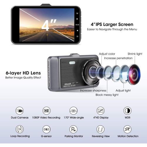  Abask Dashcam Car Front and Rear Car Camera with 32GB SD Card, 4 Inch Full HD 1080P, 170° Wide Angle, Night Vision, G Sensor, WDR, Loop Recording, Parking Monitoring and Motion Det