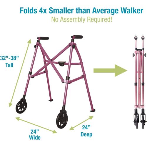  Able Life Space Saver Walker - Lightweight Folding & Height Adjustable Adult Travel Walker for Seniors + Fixed Wheels & Rear Glides - Regal Rose