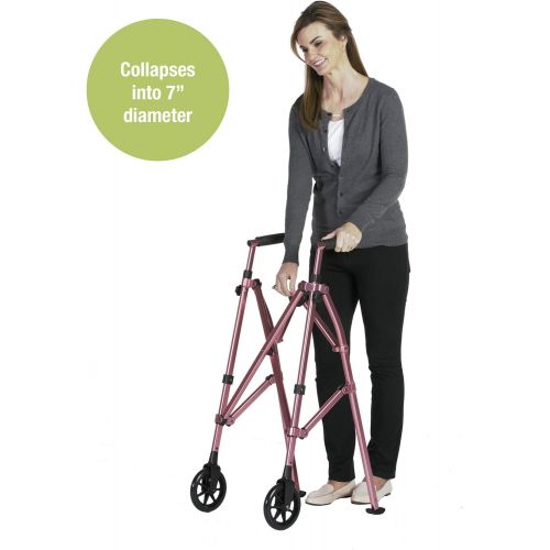 Able Life Space Saver Walker - Lightweight Folding & Height Adjustable Adult Travel Walker for Seniors + Fixed Wheels & Rear Glides - Regal Rose